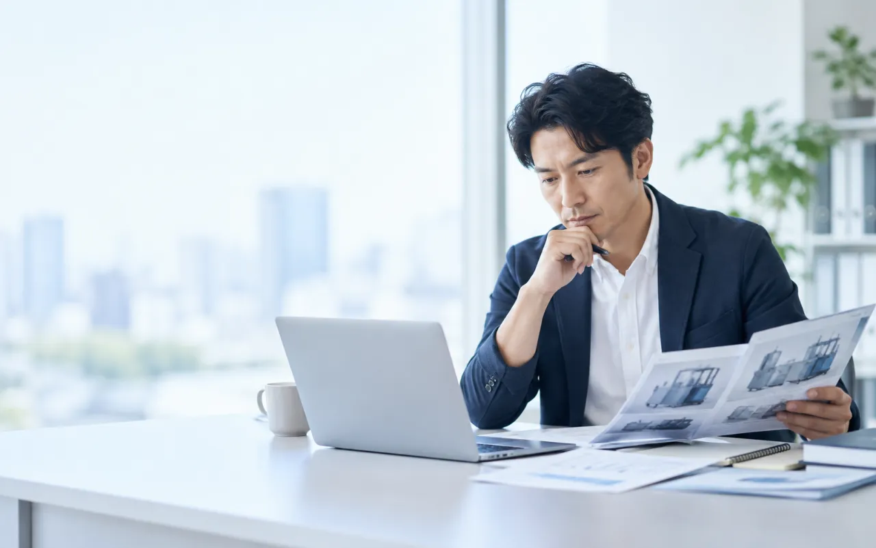 経営者がノートPCを前に、今後の事業を考えているイメージ写真