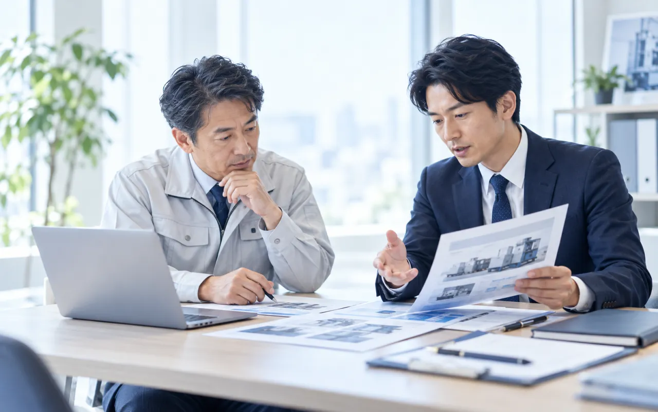 明るいオフィスで、経営者と相談相手が資料とノートPCを見ながら事業について話し合っているイメージ写真（実在の担当者ではありません）