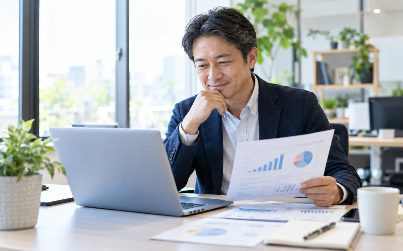 明るいオフィスで、経営者が資料とノートPCを前に、新しい事業のアイデアを前向きに考えているイメージ写真